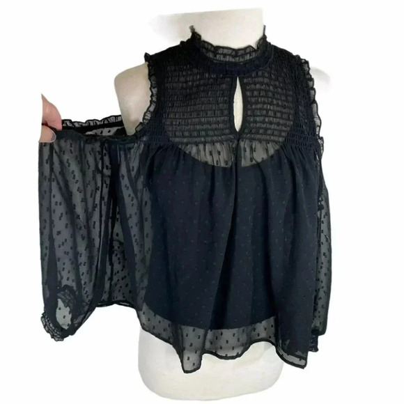 AEO S blouse black smocked ruffled open shoulder lined sheer top - Picture 3 of 7